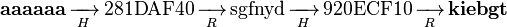 \mathbf{aaaaaa}\,\xrightarrow[\;H\;]{}\,\mathrm{281DAF40}\,\xrightarrow[\;R\;]{}\,\mathrm{sgfnyd}\,\xrightarrow[\;H\;]{}\,\mathrm{920ECF10}\,\xrightarrow[\;R\;]{}\,\mathbf{kiebgt}