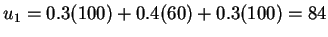 $u_1 = 0.3 (100) + 0.4 (60) + 0.3 (100) = 84$