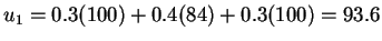 $u_1 = 0.3 (100) + 0.4 (84) + 0.3 (100) = 93.6$