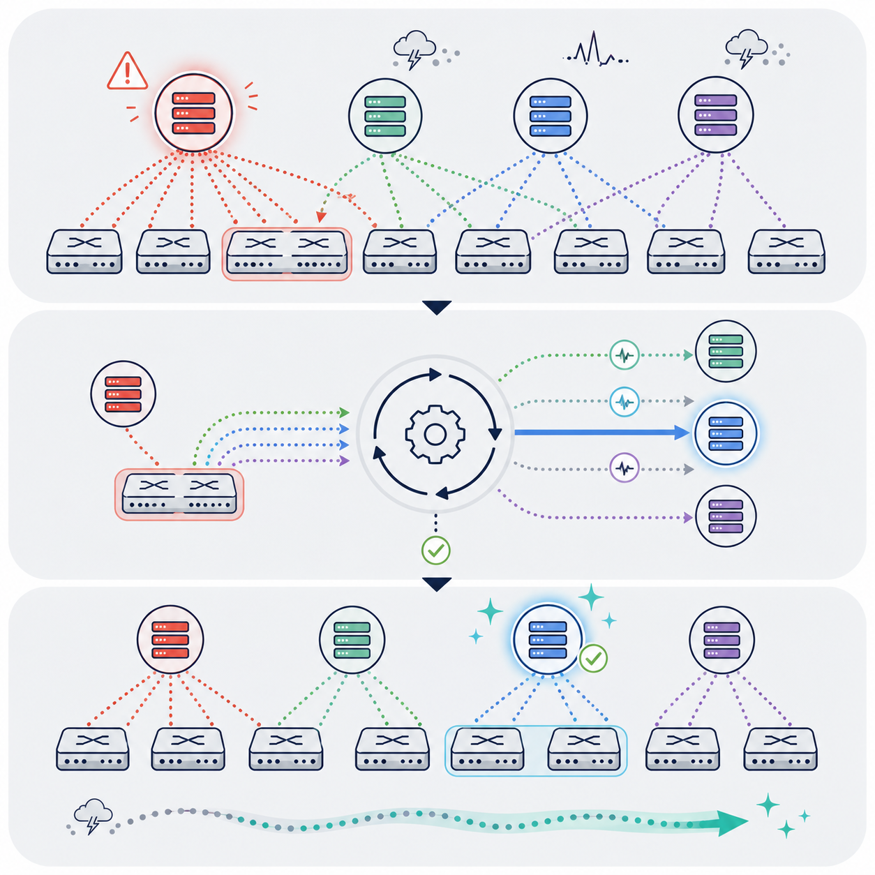 Abstract illustration of competitive controller migration and tail latency reduction.