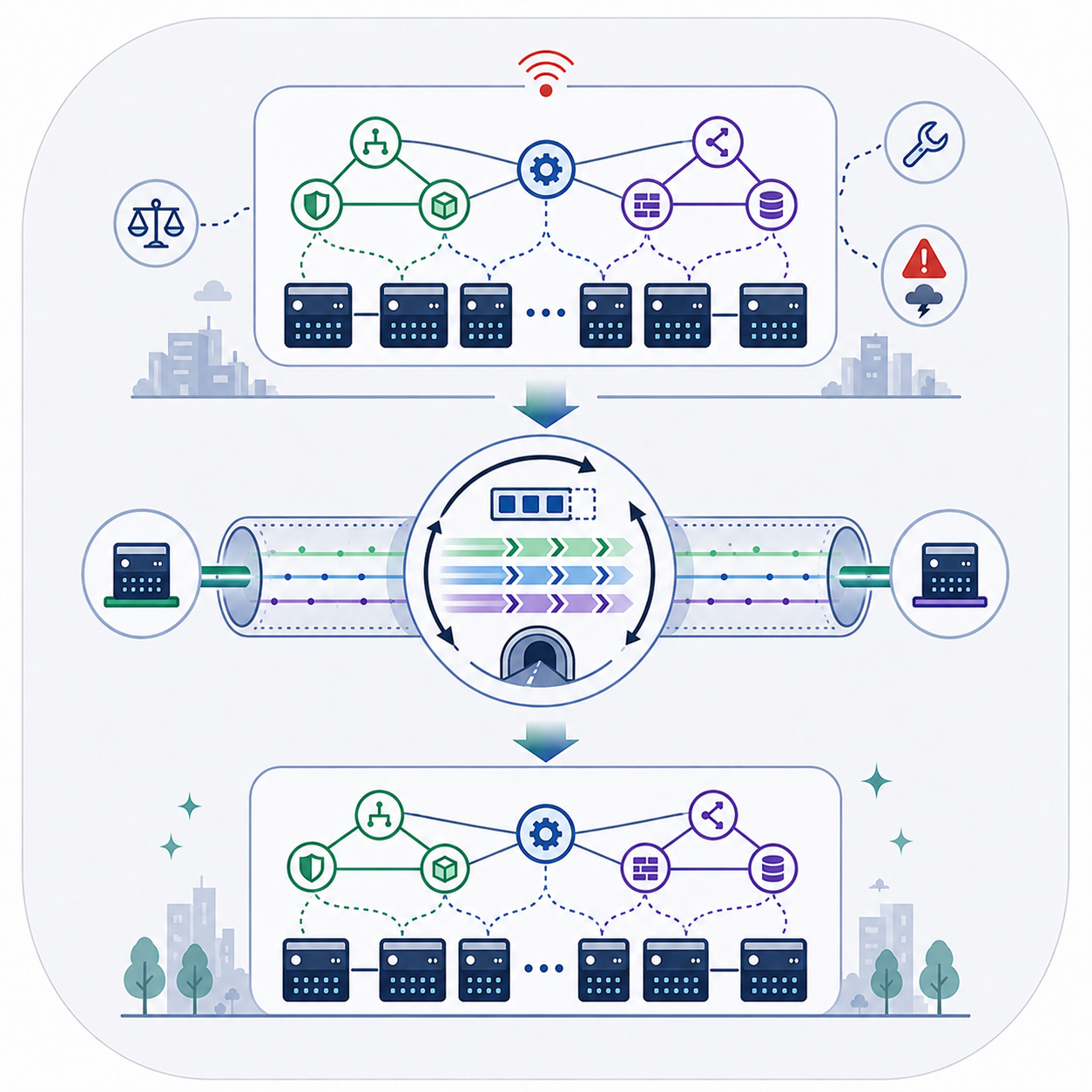 Abstract illustration of stateful virtual network migration with active traffic.