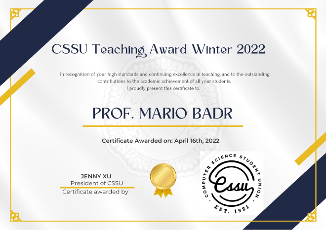 CSSU Teaching Award Winter 2022