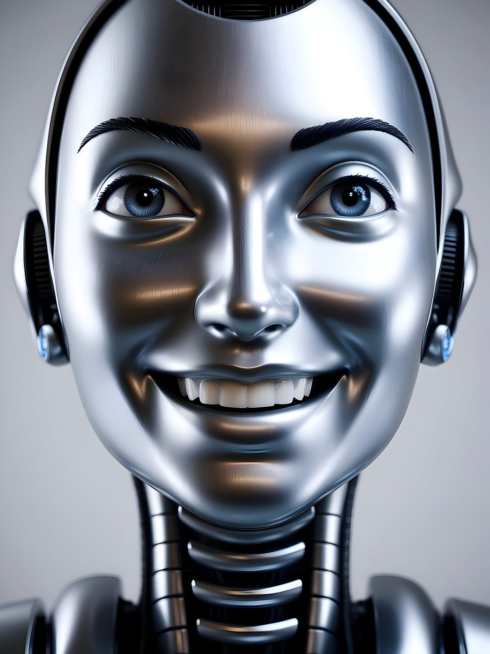 AI-generated image of a metallic, blue-eyed, smiling android face, looking forward