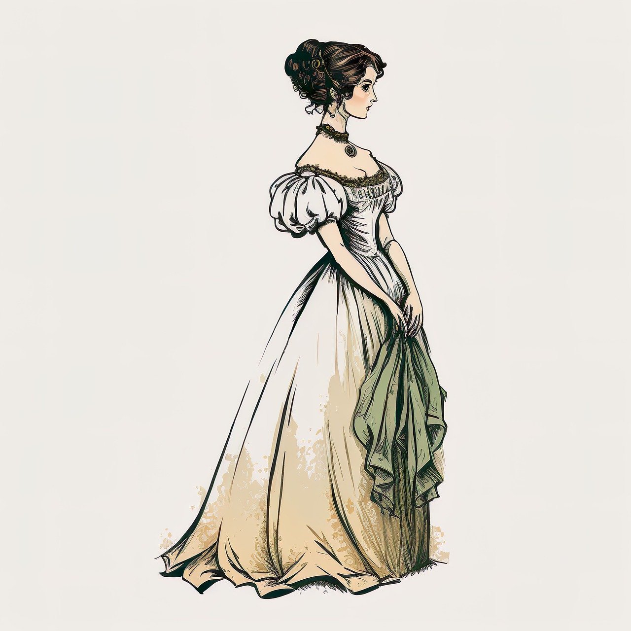Illustration of elegant woman wearing early 19th century European ballroom gown